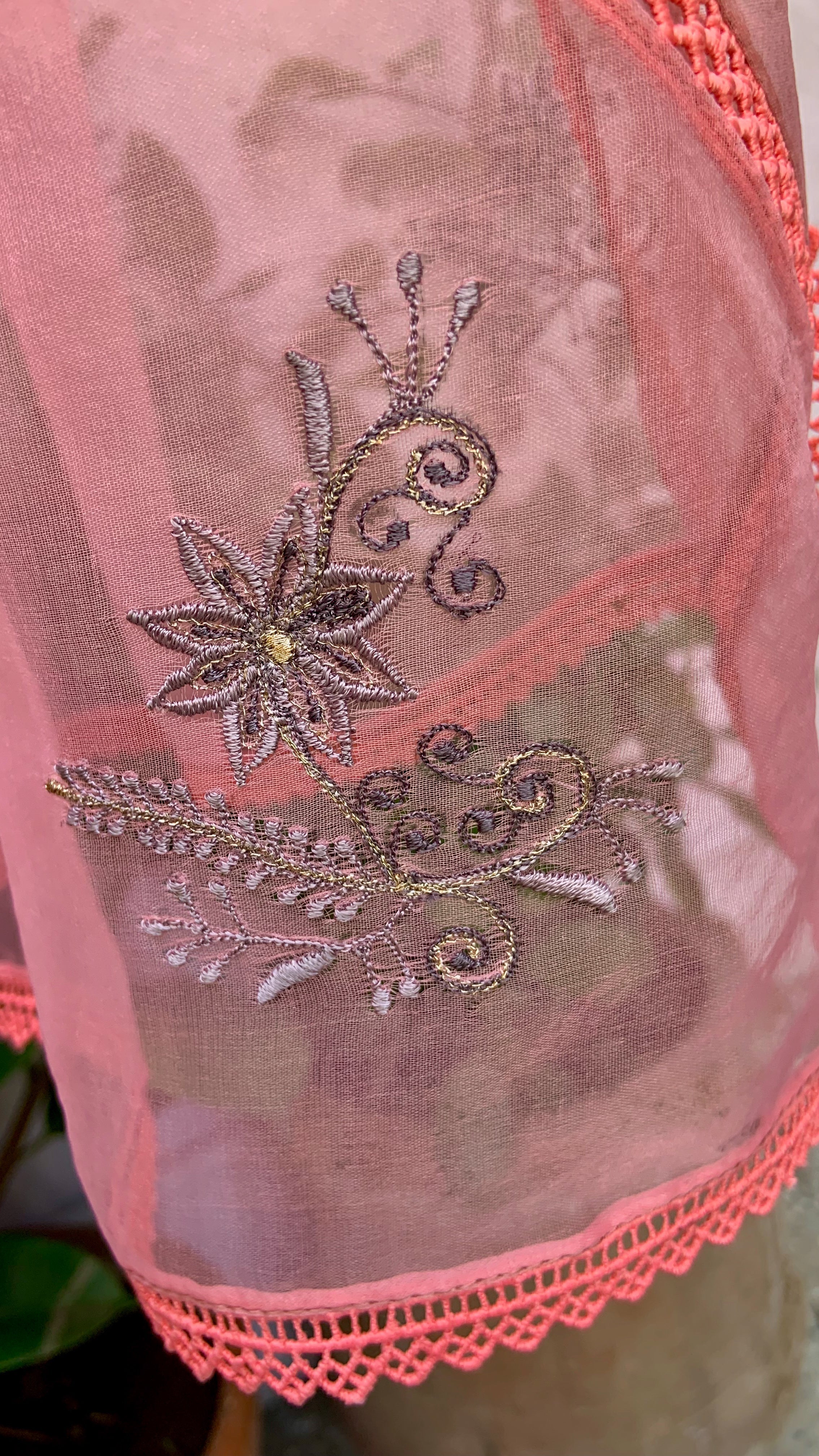 Grey Silk Shirt with Coral Embroidery