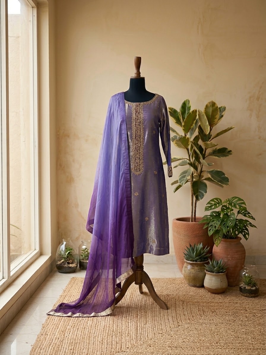 Plum Tissue 3-Piece Suit with Silk Dupatta | Sleeks by Ali Zain