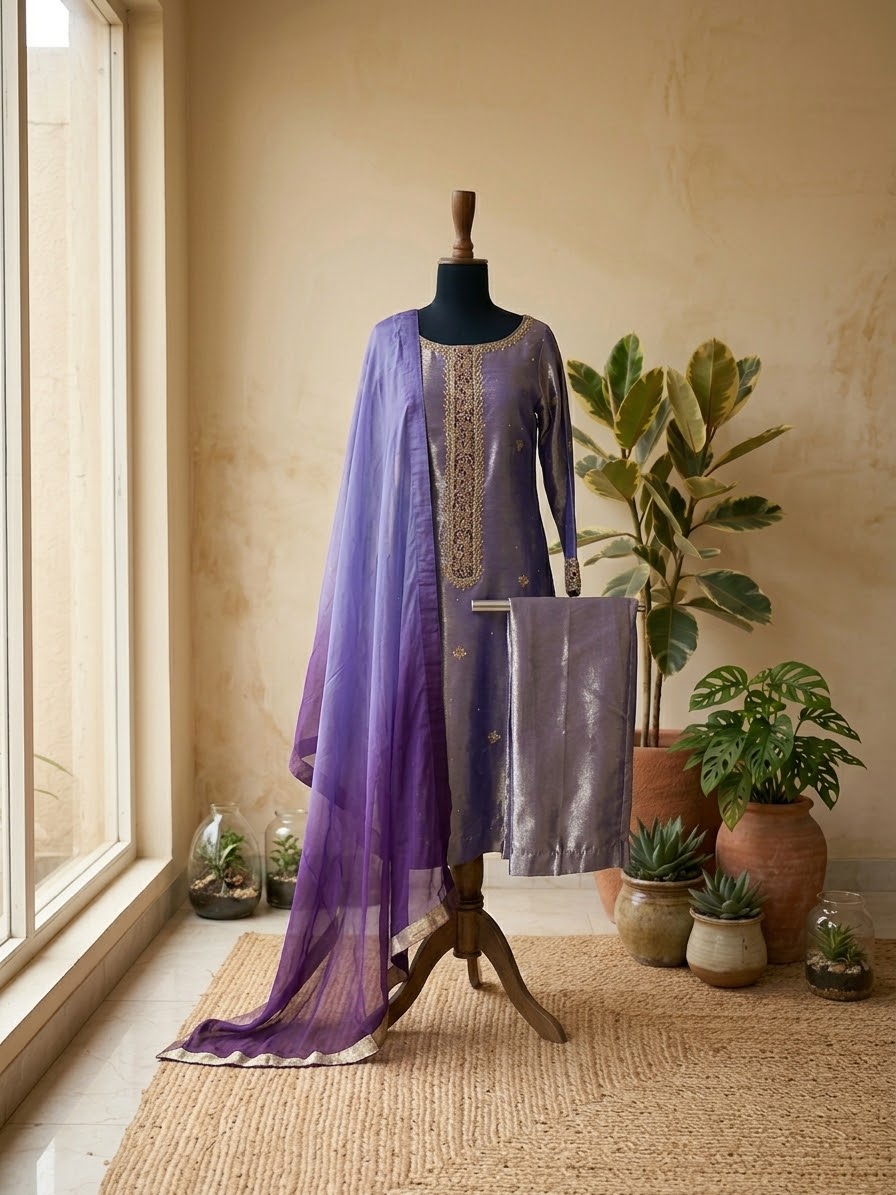Plum Tissue 3-Piece Suit with Silk Dupatta | Sleeks by Ali Zain