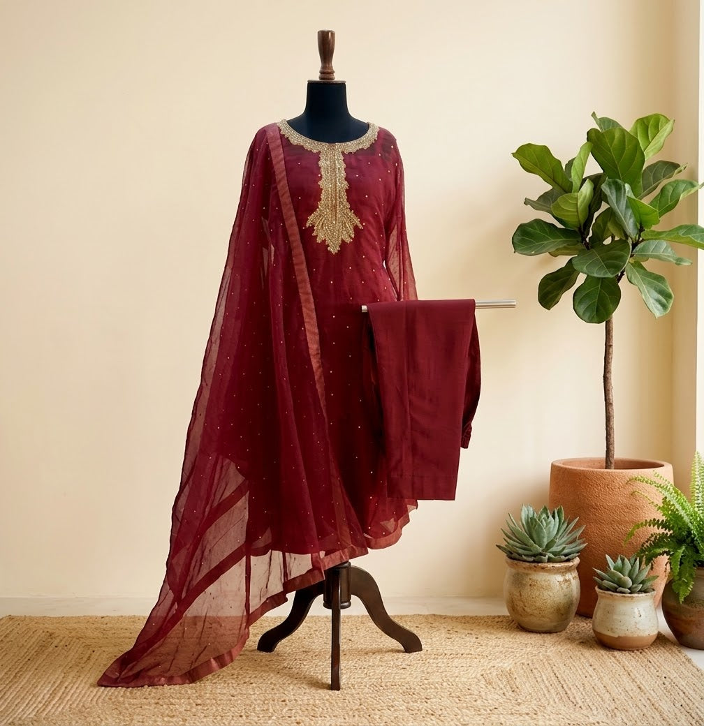 Red Mukesh Organza 3-Piece Suit with Organza Dupatta | Sleeks by Ali Zain