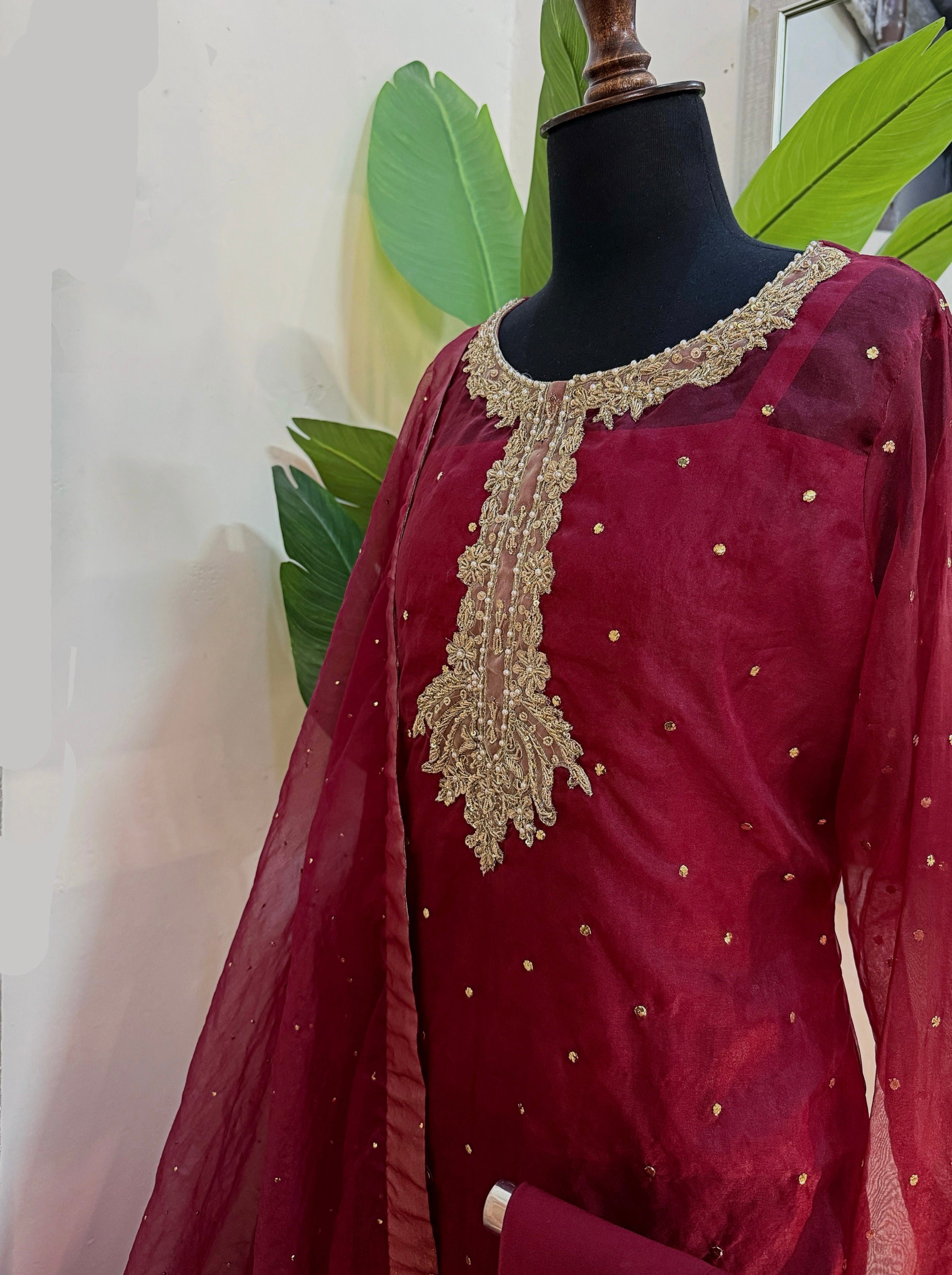 Red Mukesh Organza 3-Piece Suit with Organza Dupatta | Sleeks by Ali Zain