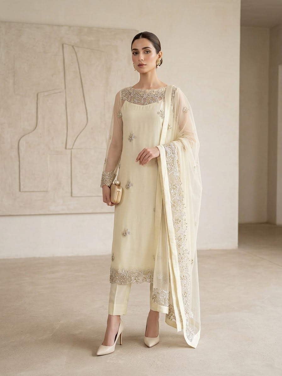 Skin Net Embroidered 3-Piece Suit with Net Dupatta | Sleeks by Ali Zain