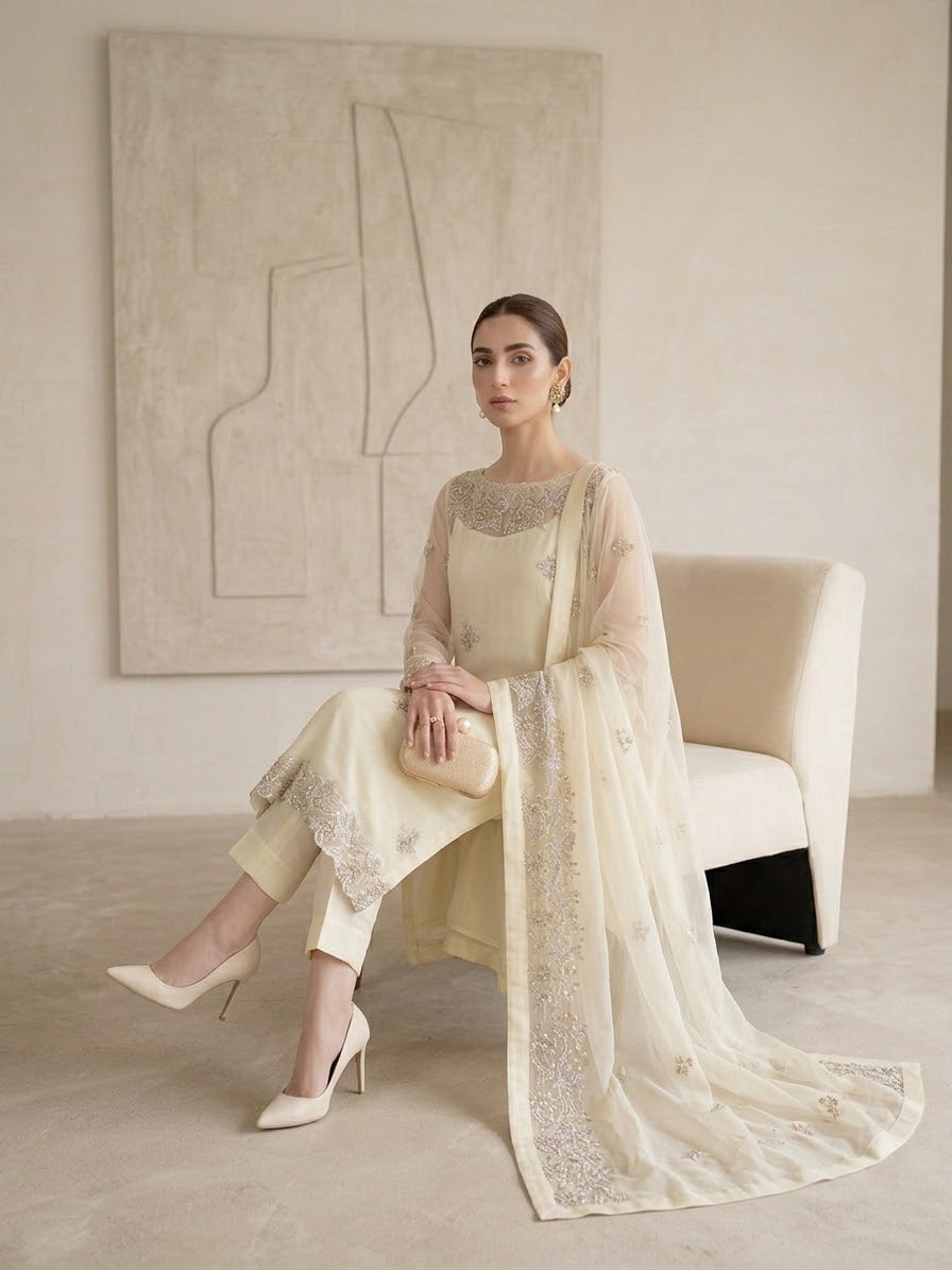 Skin Net Embroidered 3-Piece Suit with Net Dupatta | Sleeks by Ali Zain