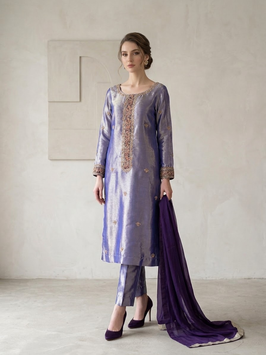 Plum Tissue 3-Piece Suit with Silk Dupatta | Sleeks by Ali Zain