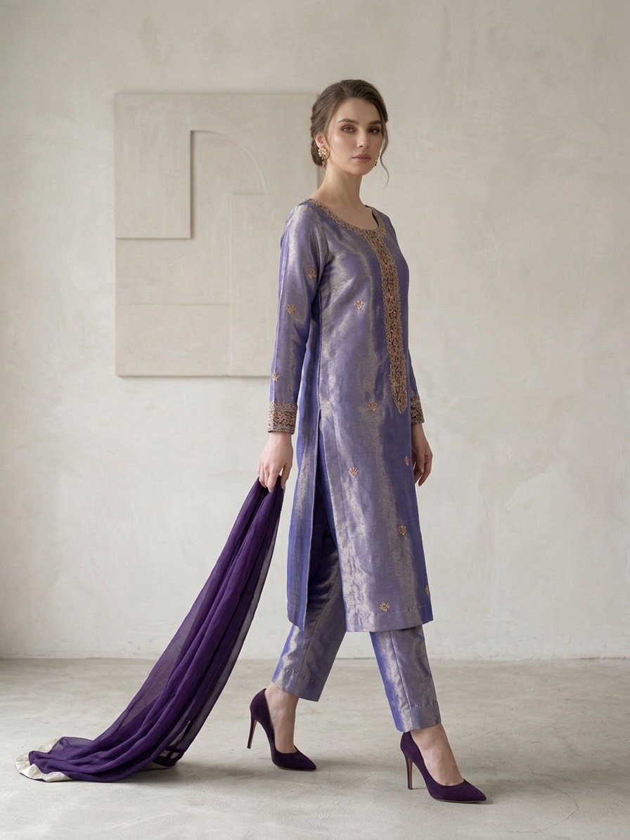 Plum Tissue 3-Piece Suit with Silk Dupatta | Sleeks by Ali Zain