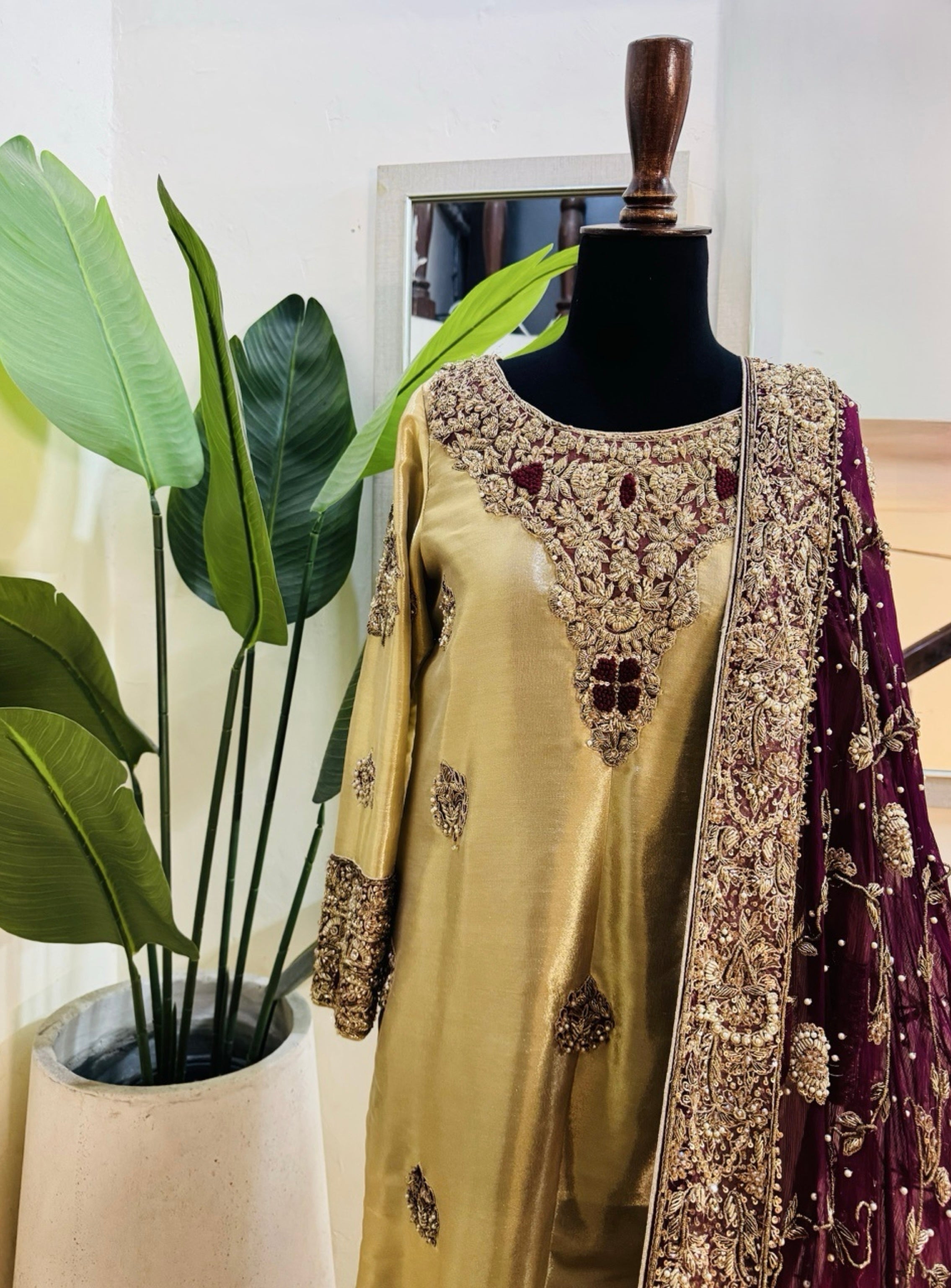 LAMA Tissue Gold & Maroon Embellished Shirt | Sleeks by Ali Zain