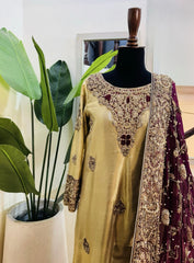 LAMA Tissue Gold & Maroon Embellished Shirt | Sleeks by Ali Zain