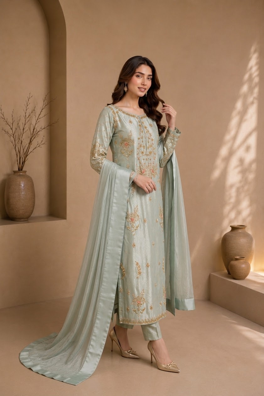 Ice Blue LAMA Tissue Heavy Formal Shirt with Trousers & Silk