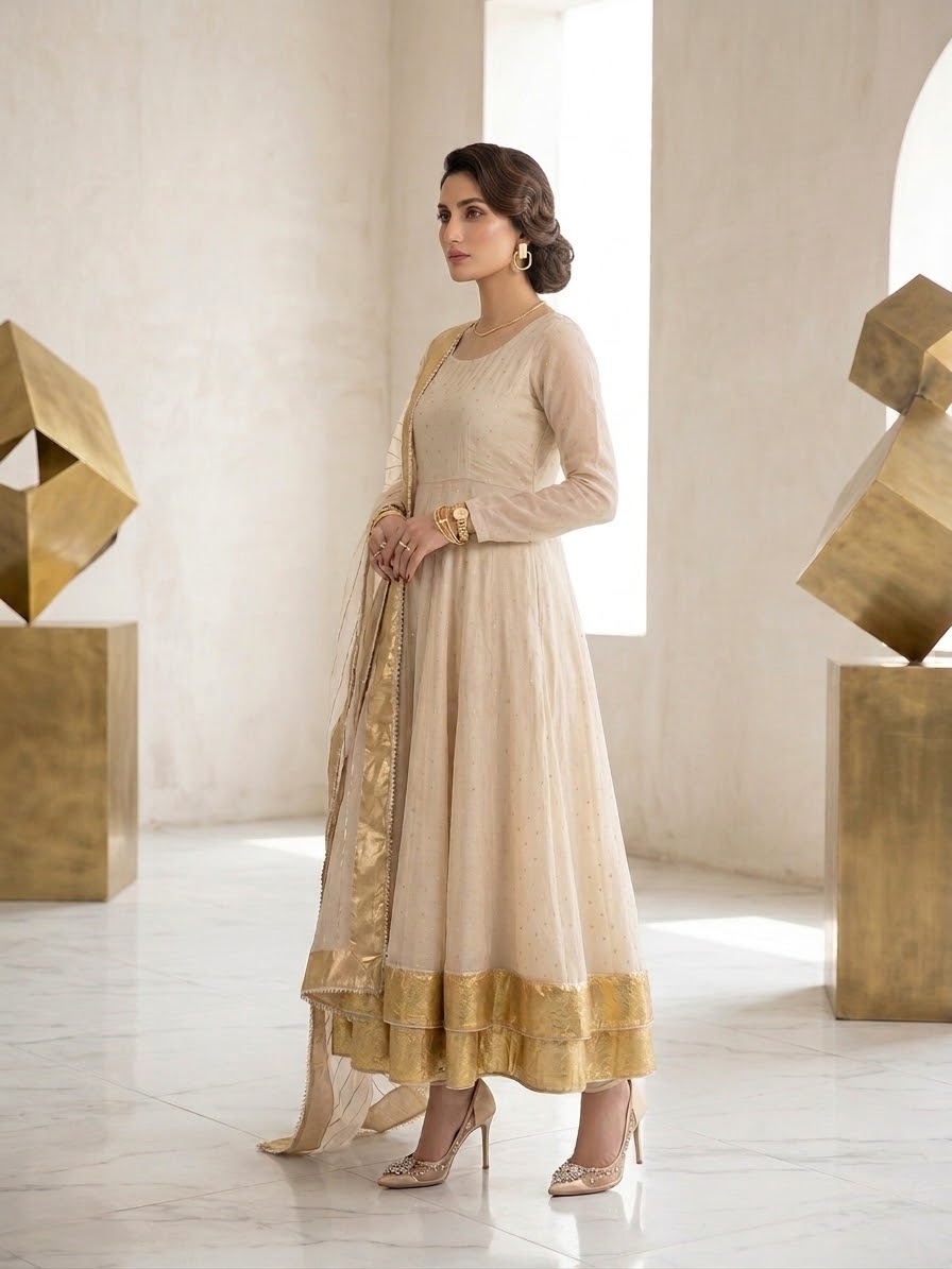 Gold Kundan Zari Mukesh Kalidar Frock | Sleeks by Ali Zain