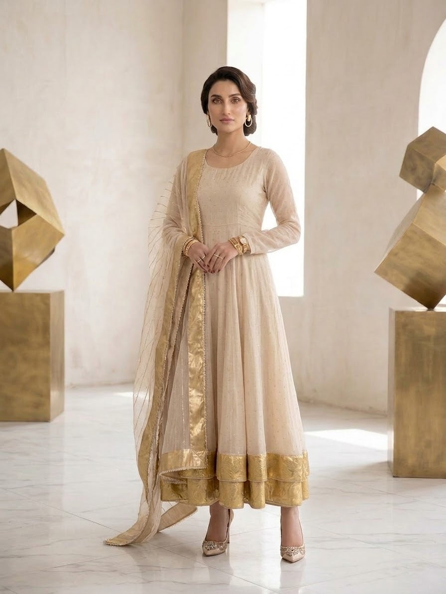 Gold Kundan Zari Mukesh Kalidar Frock | Sleeks by Ali Zain
