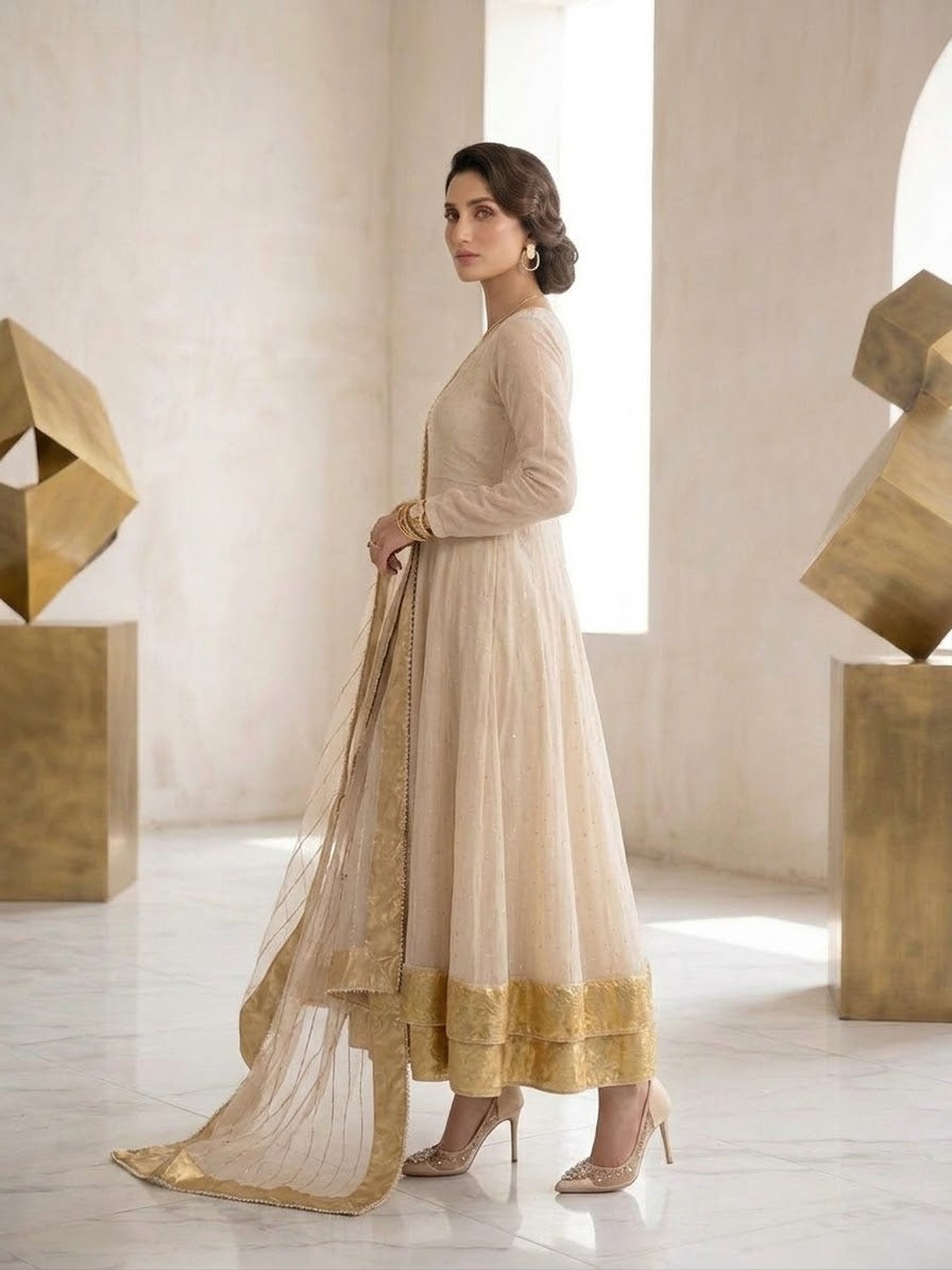 Gold Kundan Zari Mukesh Kalidar Frock | Sleeks by Ali Zain