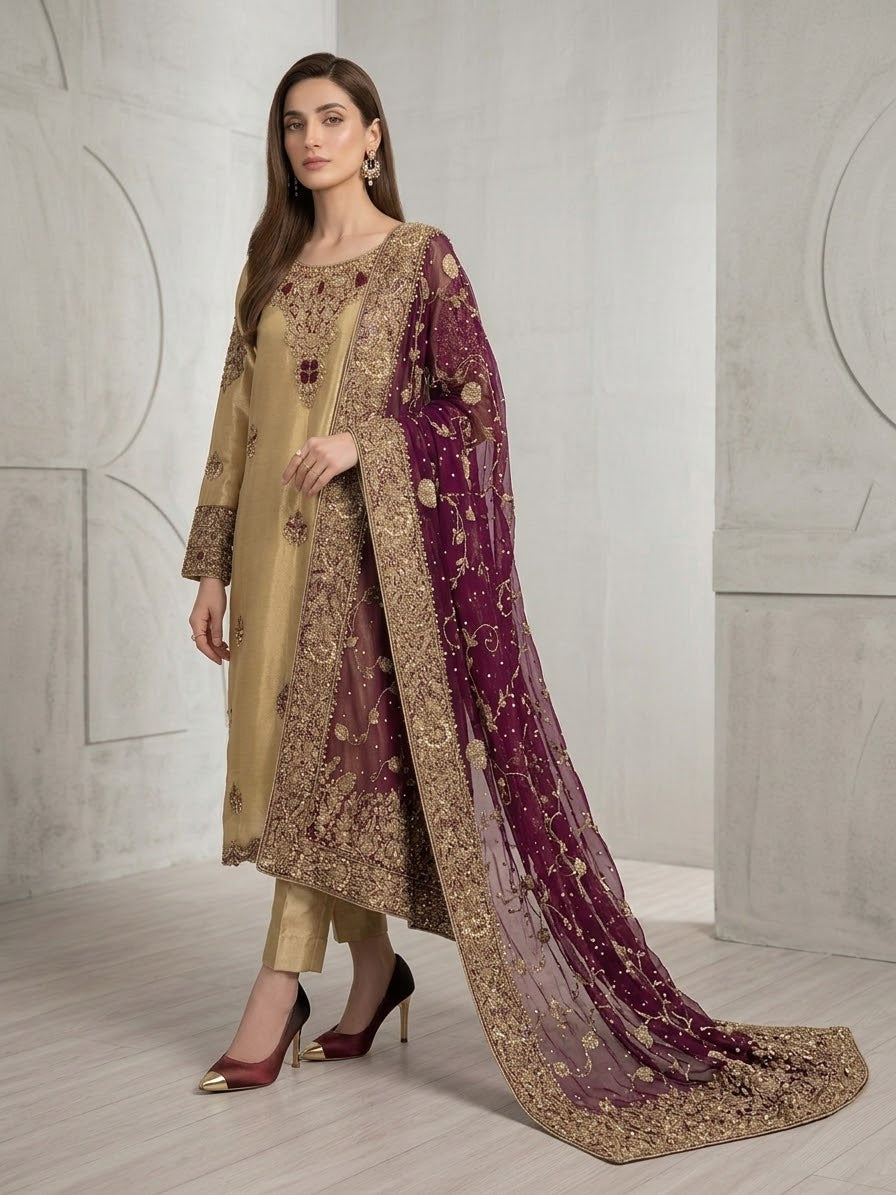 LAMA Tissue Gold & Maroon Embellished Shirt | Sleeks by Ali Zain
