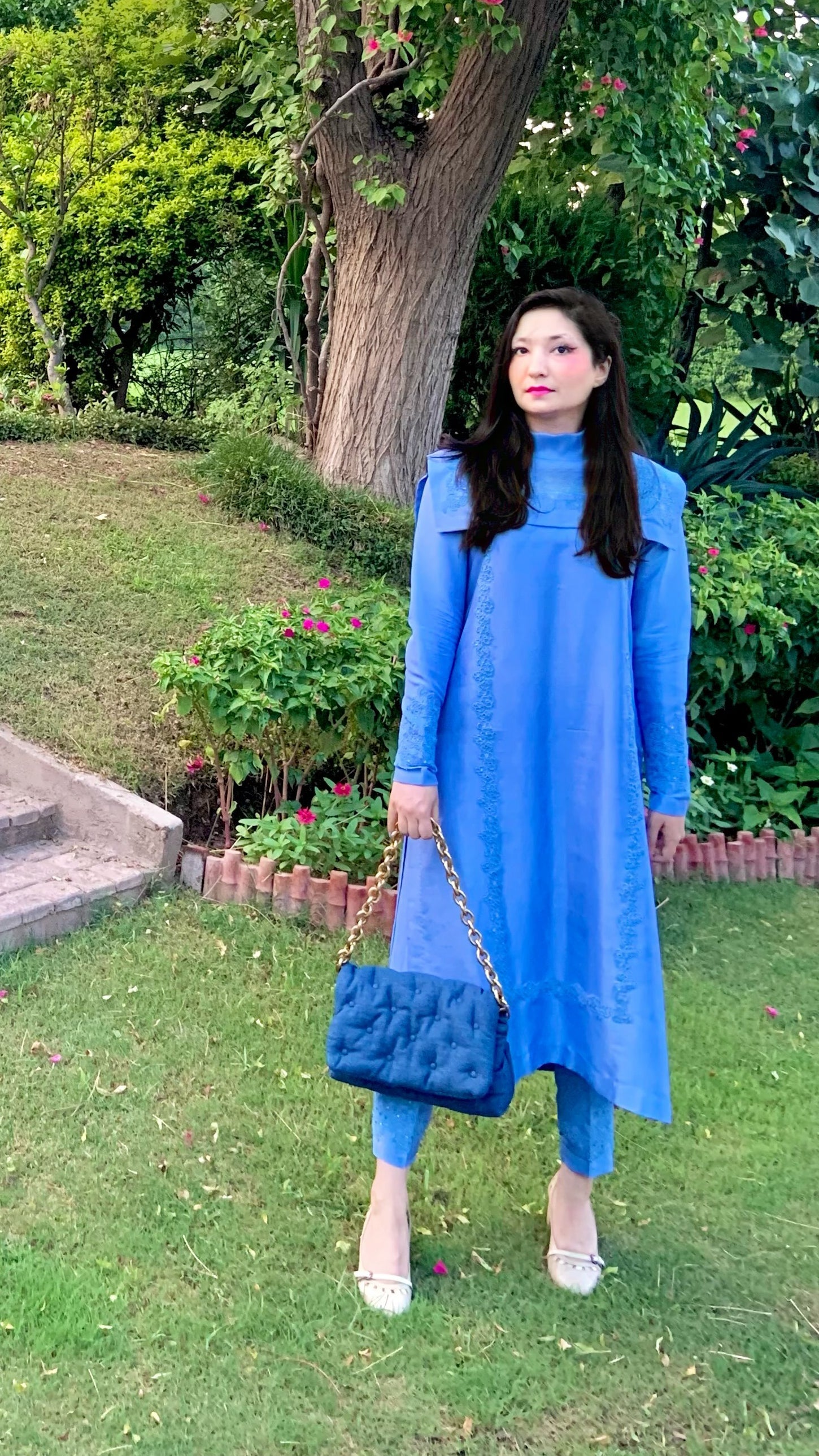 Cornflower Blue Silk Shirt with Bib