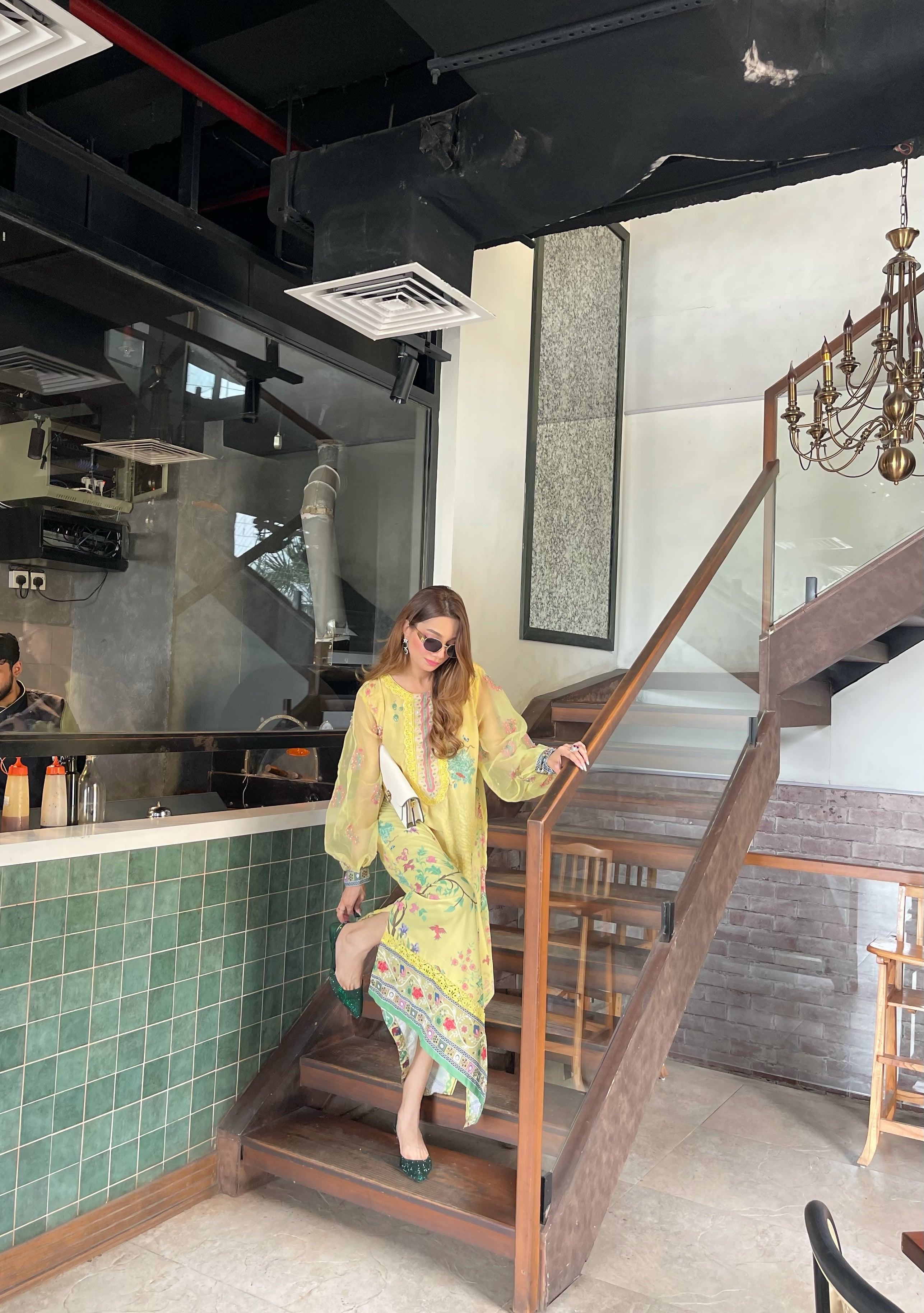 Nureh – Yellow Digital Print Georgette Kaftan | Muntaha By Shanzay Fahad