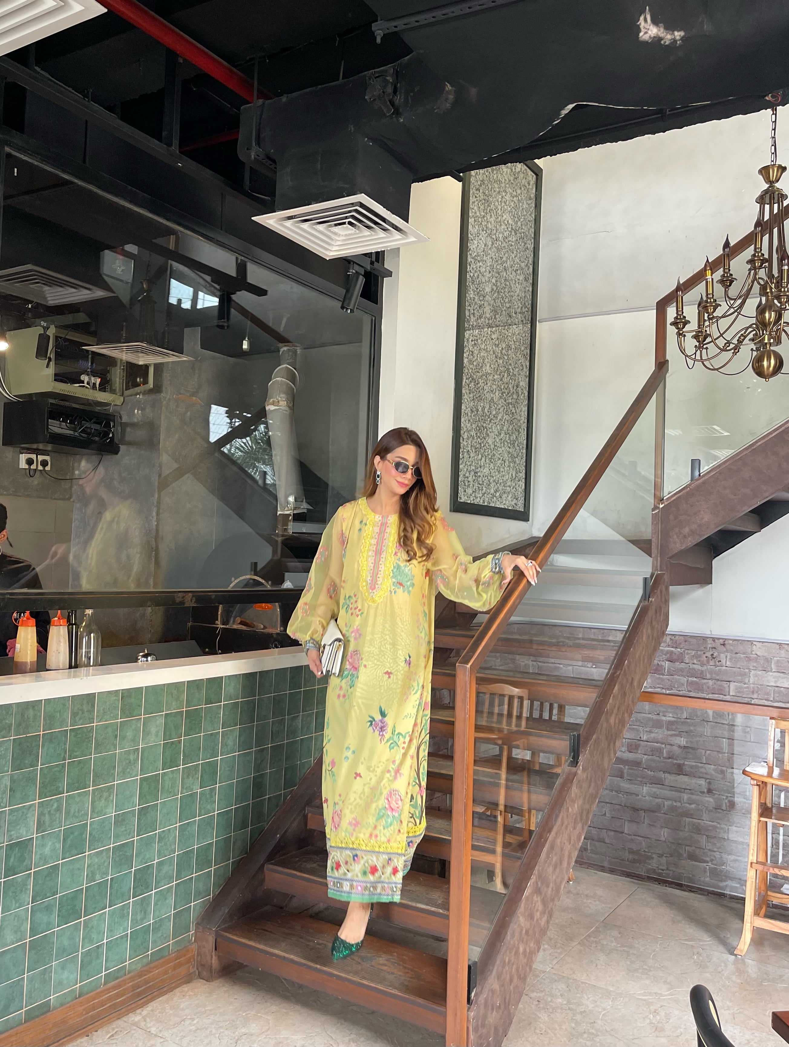 Nureh – Yellow Digital Print Georgette Kaftan | Muntaha By Shanzay Fahad