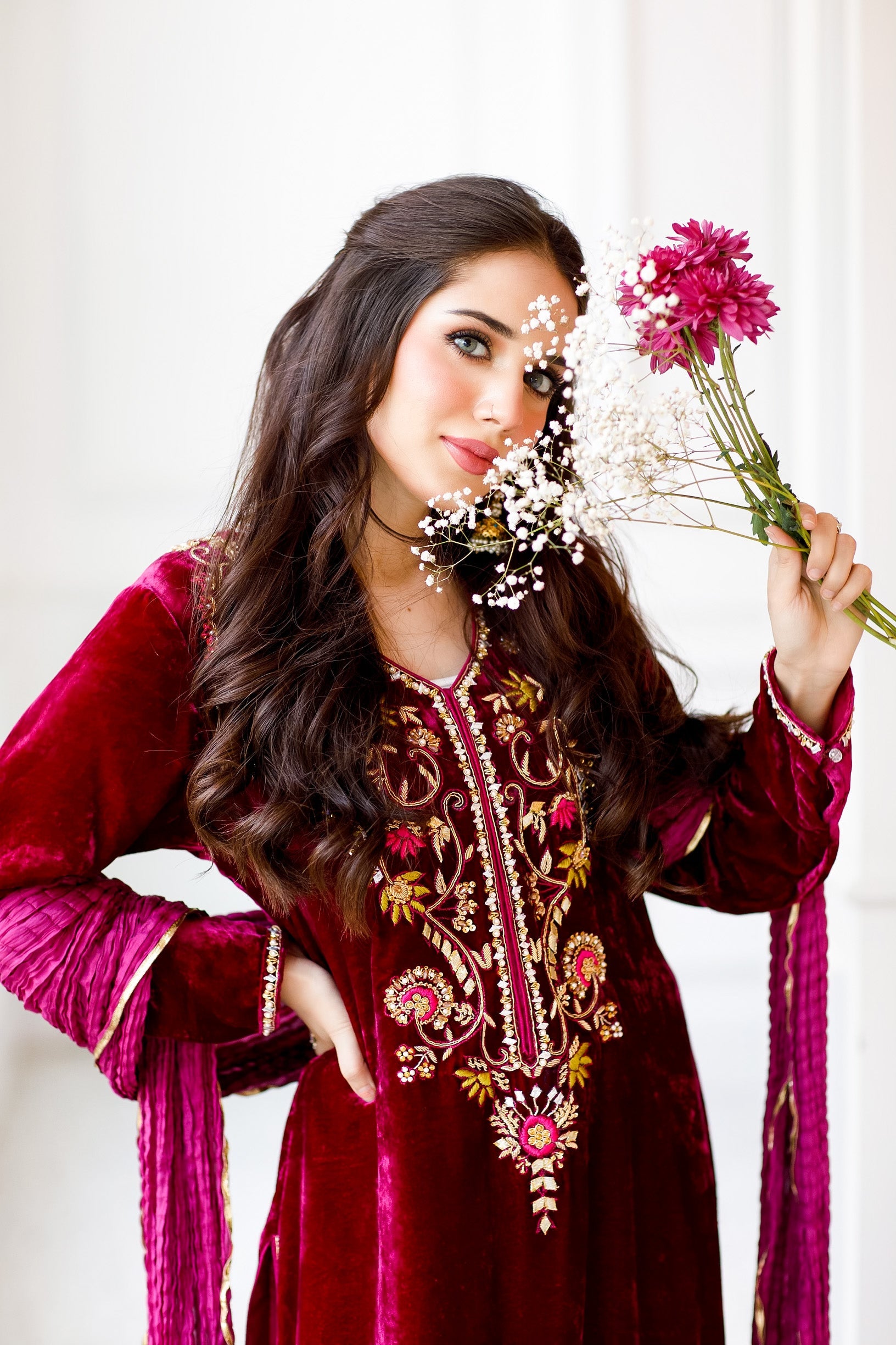 Magenta Velvet outfit (3 Piece Shirt , Pants& Dupatta)