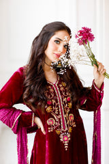 Magenta Velvet outfit (3 Piece Shirt , Pants& Dupatta)