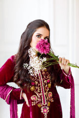 Magenta Velvet outfit (3 Piece Shirt , Pants& Dupatta)