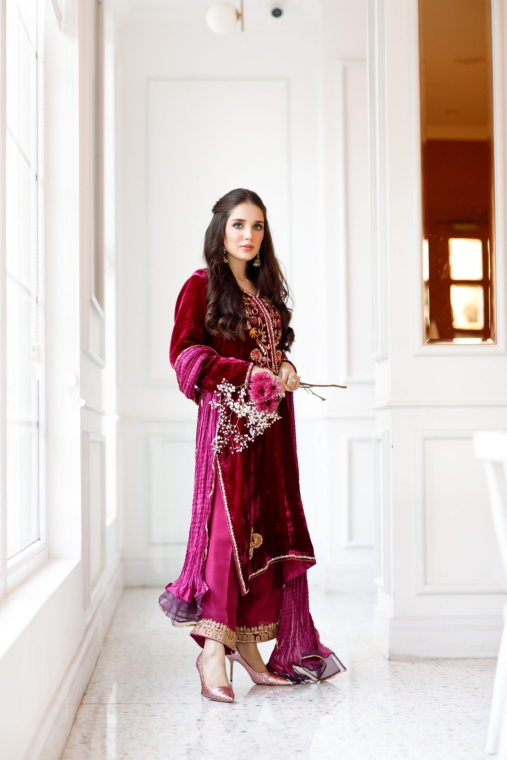 Magenta Velvet outfit (3 Piece Shirt , Pants& Dupatta)