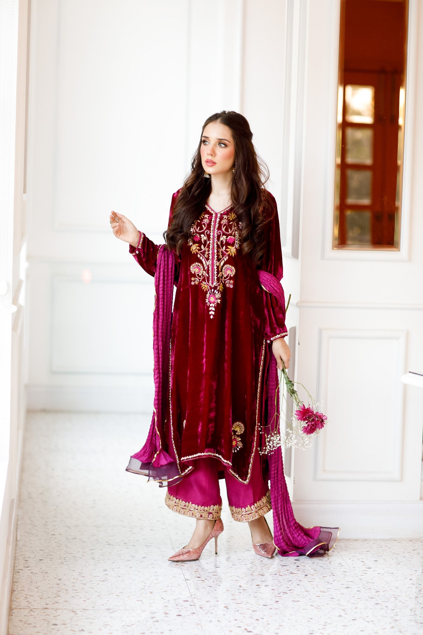 Magenta Velvet outfit (3 Piece Shirt , Pants& Dupatta)