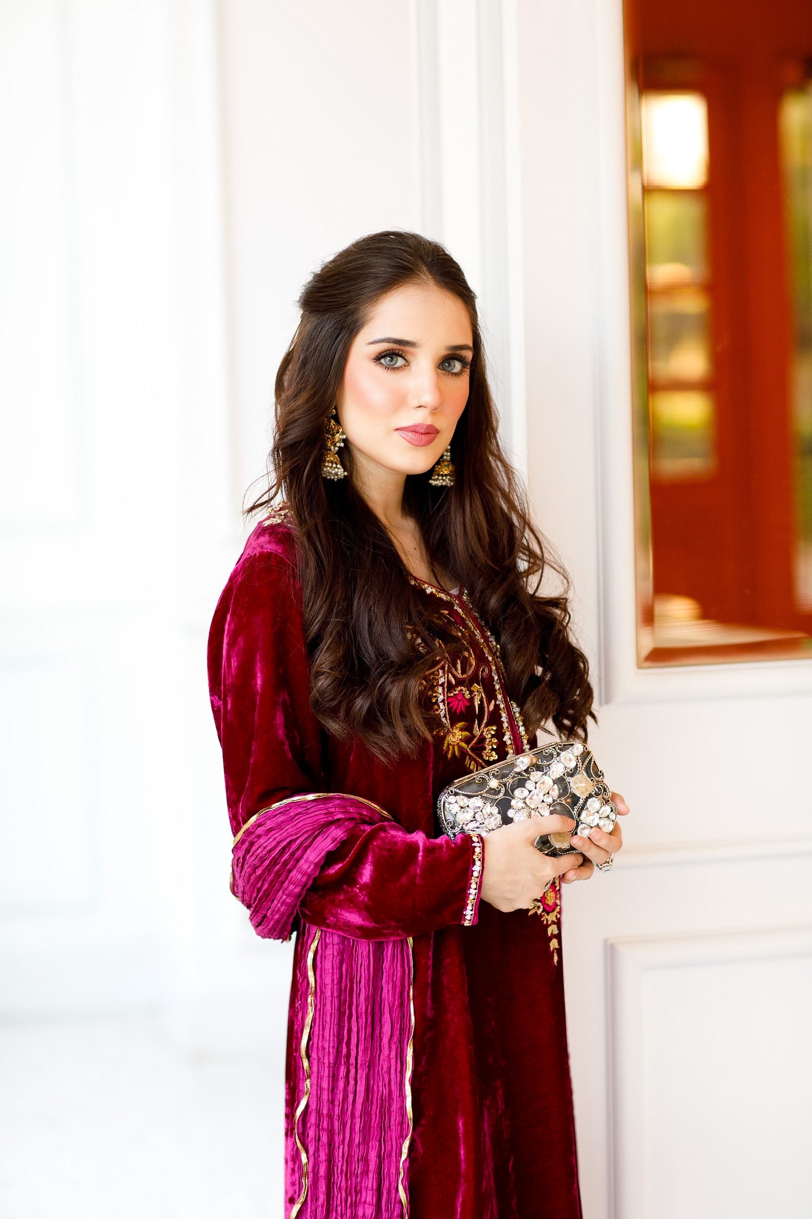 Magenta Velvet outfit (3 Piece Shirt , Pants& Dupatta)