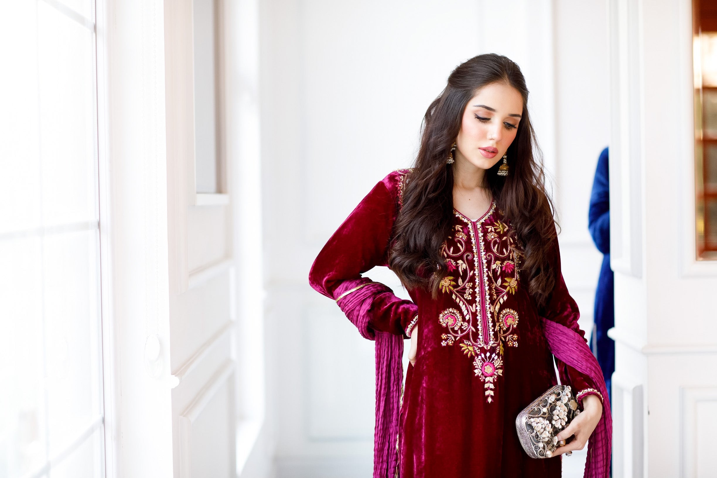 Magenta Velvet outfit (3 Piece Shirt , Pants& Dupatta)
