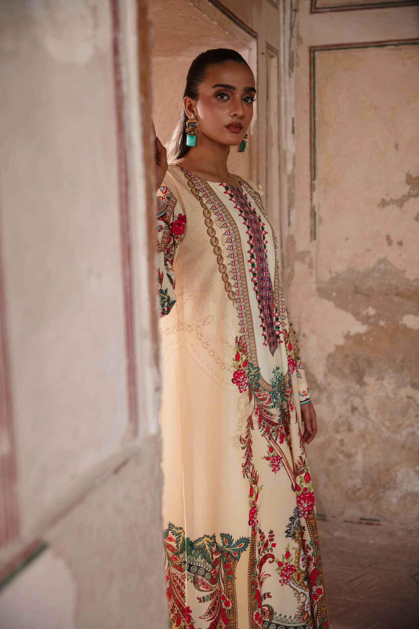 Beige crape silk Kaftan