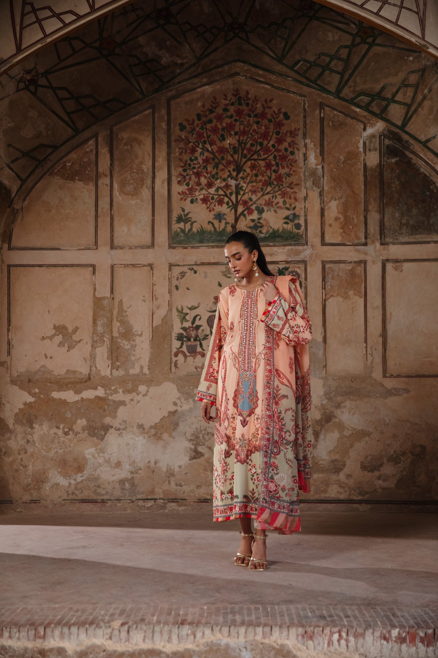 Coral peach crape silk Kaftan