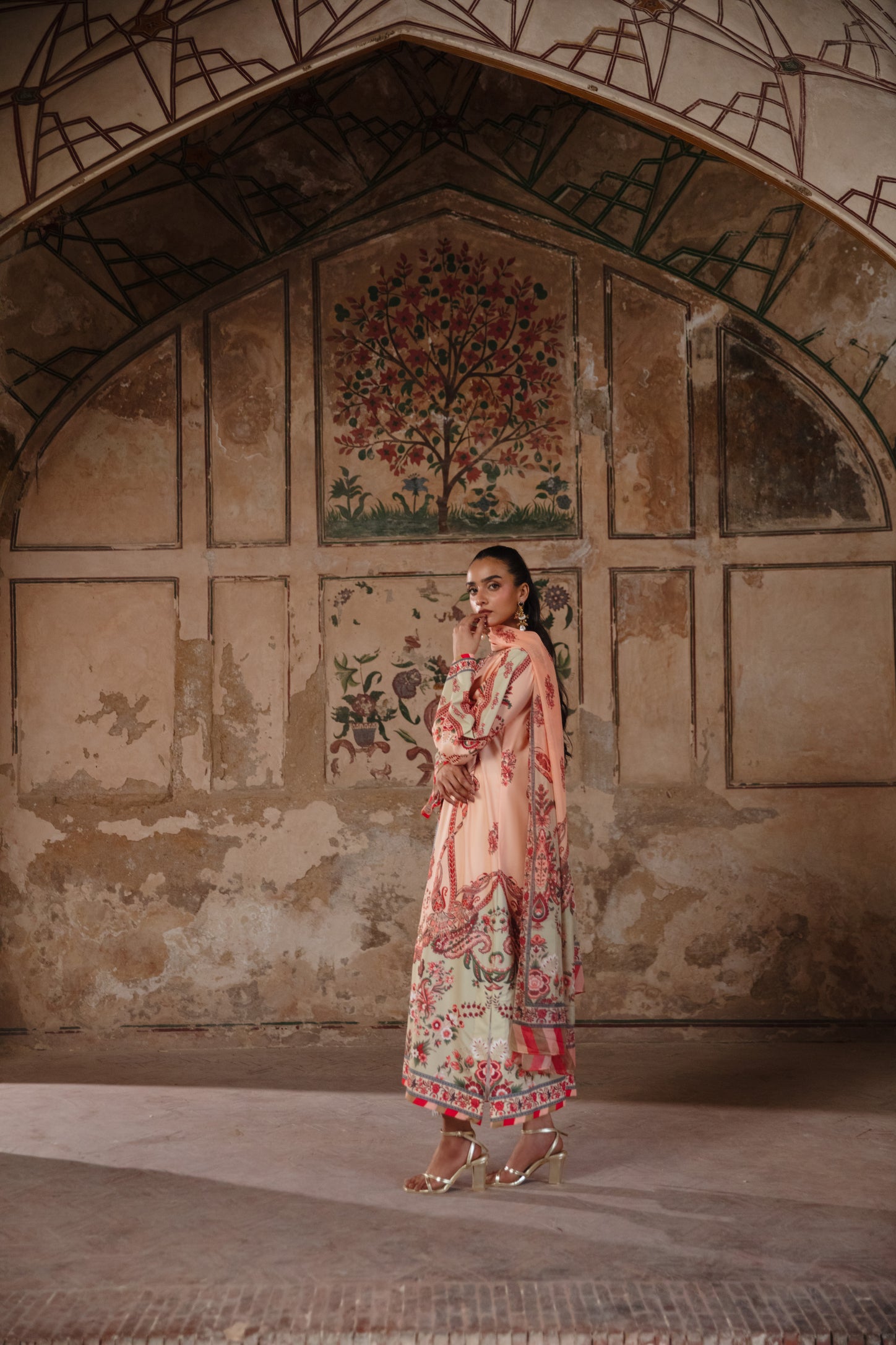 Coral peach crape silk Kaftan