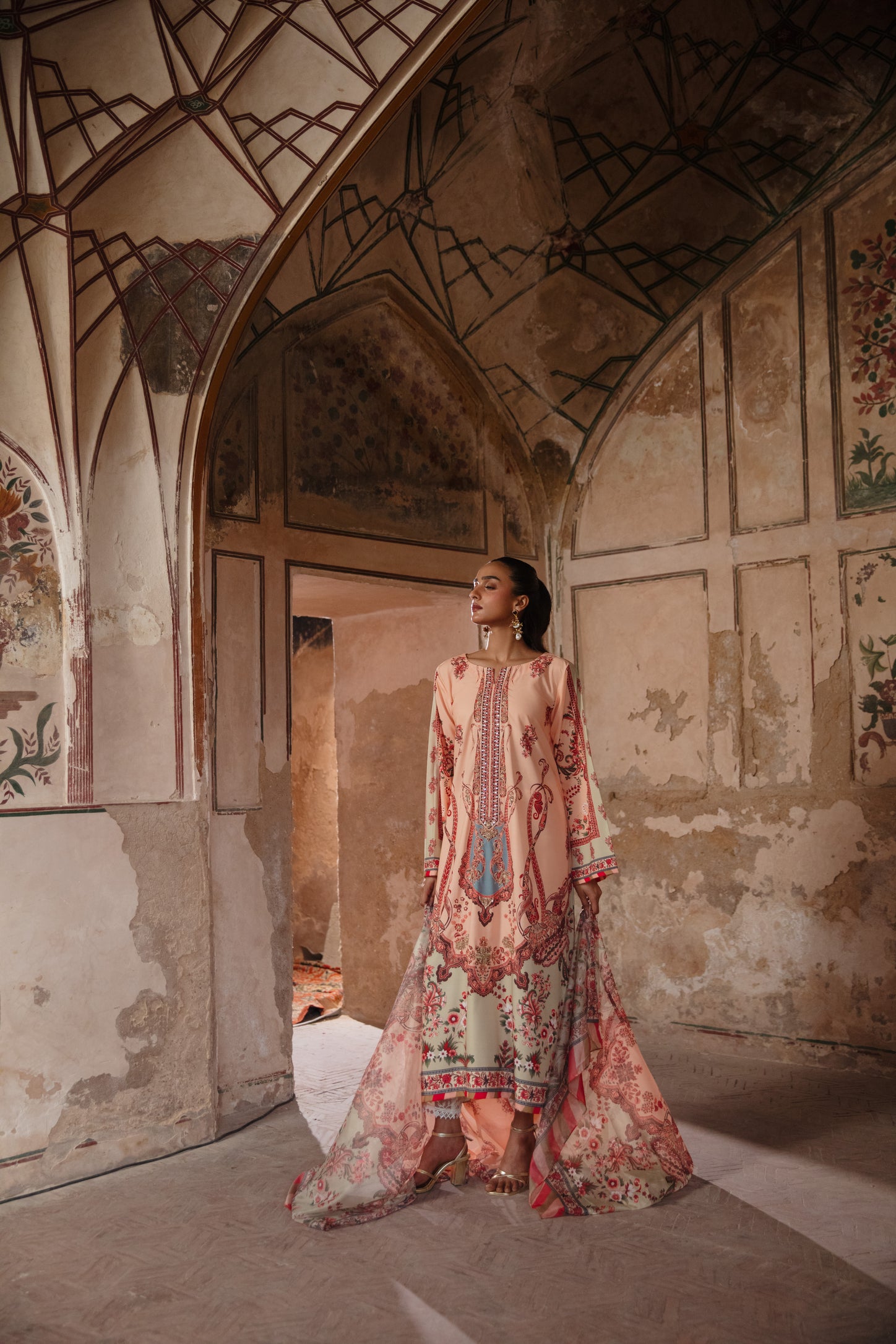 Coral peach crape silk Kaftan