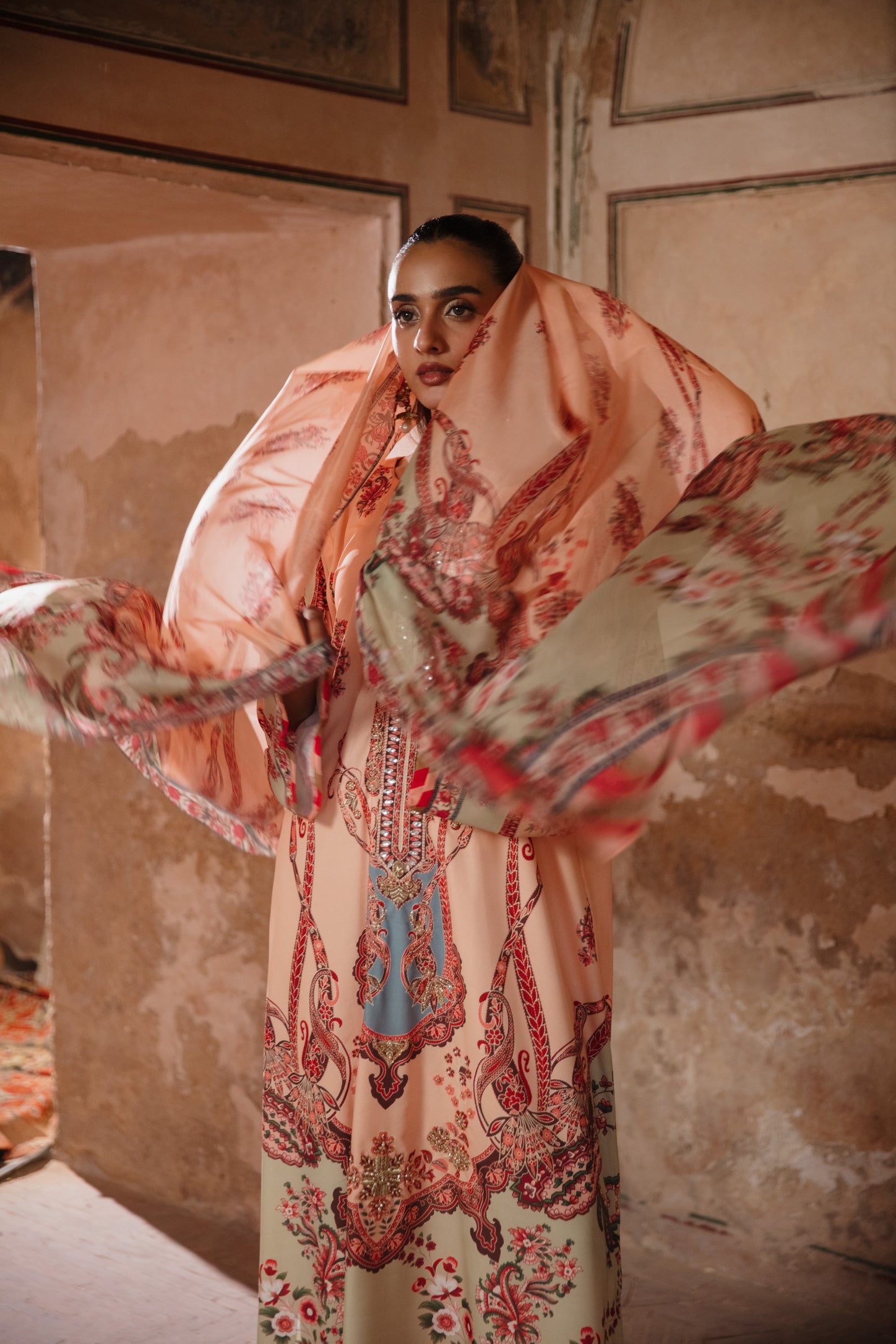 Coral peach crape silk Kaftan