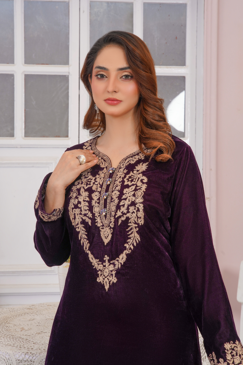 Plum Embroidered  Dress