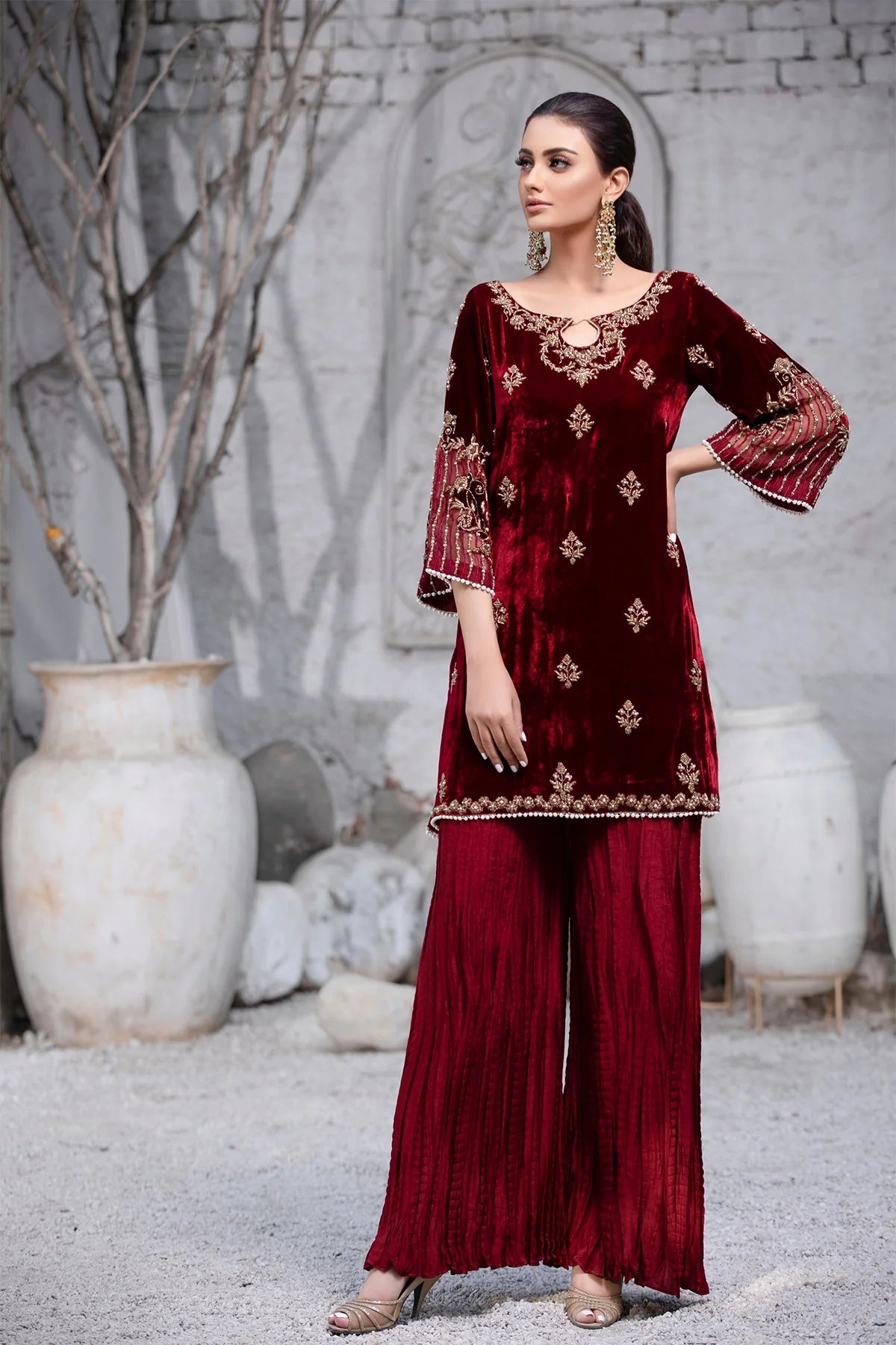 Maroon Shirt With Crushed Pants - 2 PC