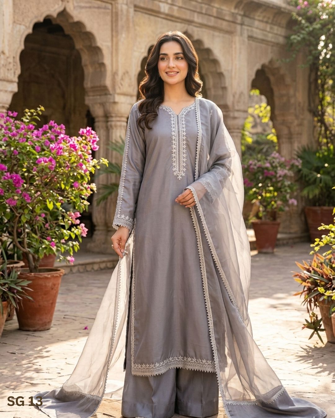 Teeja Dhariwal SG 13 Grey Silk Three-Piece Suit with Silver Machine Embroidery