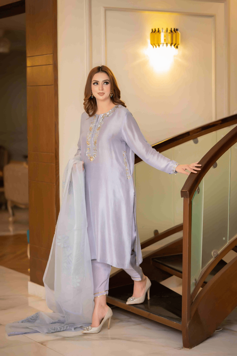 Grey raw silk Outfit 3pcs