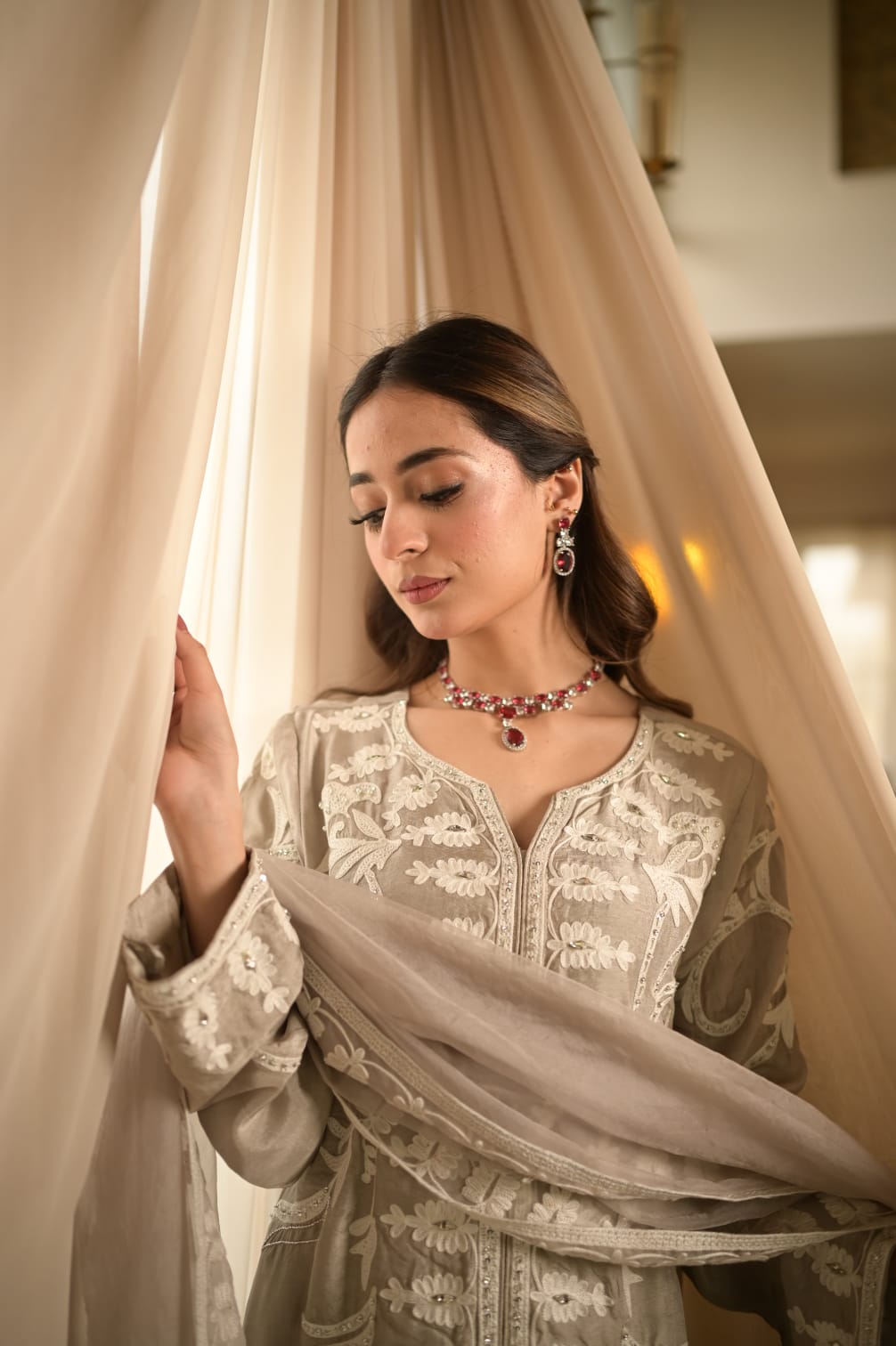 Grey with white embroidery
