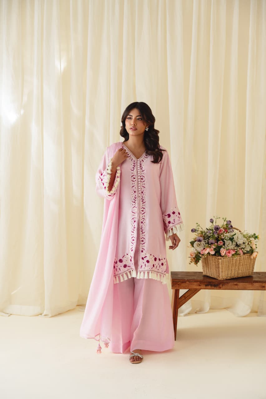 Elegant Pink Sheesha Silk Embroidered Outfit with Tassel Detailing, Culottes & Organza Dupatta