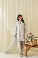 Elegant Grey Sheesha Silk Embroidered Shirt with Balloon Pants & Organza Dupatta with Scalloped Embroidery