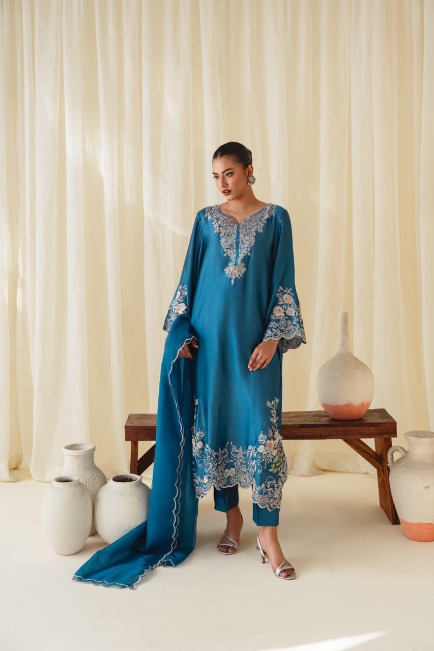 Elegant Blue Sheesha Silk Embroidered Kaftan with Straight Pants & Organza Dupatta