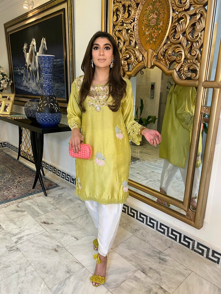 Yellow handworked tunic with pure rawsilk shalwar