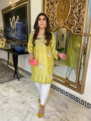 Yellow handworked tunic with pure rawsilk shalwar