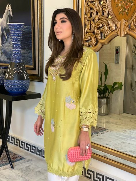 Yellow handworked tunic with pure rawsilk shalwar
