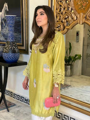 Yellow handworked tunic with pure rawsilk shalwar