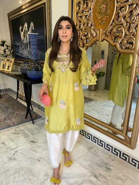 Yellow handworked tunic with pure rawsilk shalwar