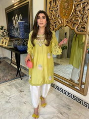 Yellow handworked tunic with pure rawsilk shalwar