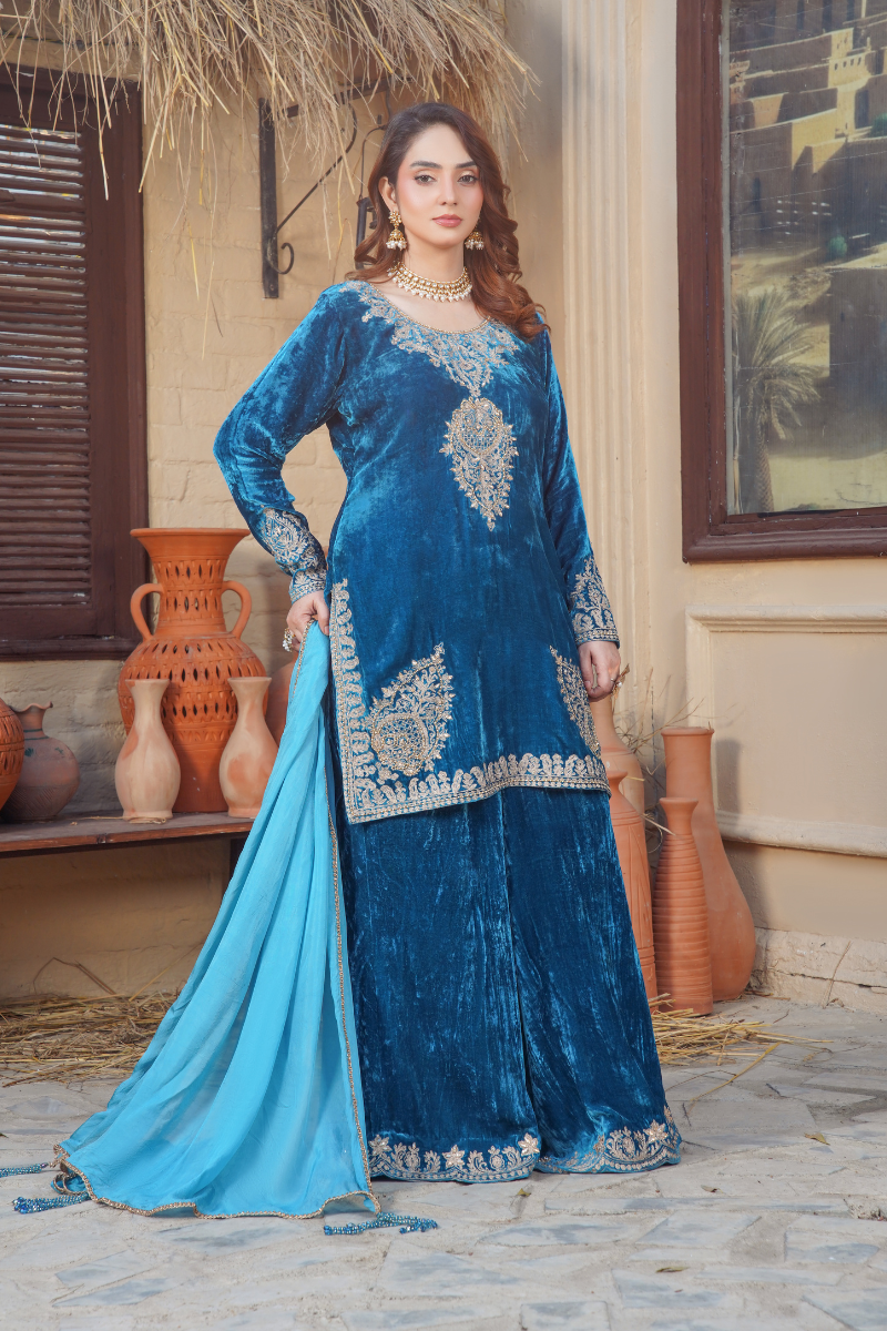Zinc Blue  Embroidered Dress