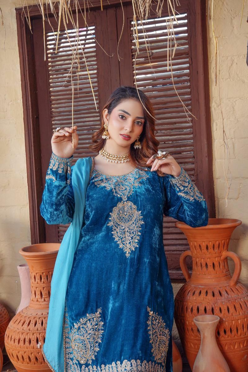 Zinc Blue  Embroidered Dress