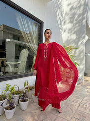 Laleh Rouge CBR 137 red tussar silk embroidered 3 piece suit by Celine by Rumi available at Labels Islamabad