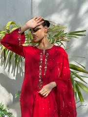Laleh Rouge CBR 137 red tussar silk embroidered 3 piece suit by Celine by Rumi available at Labels Islamabad