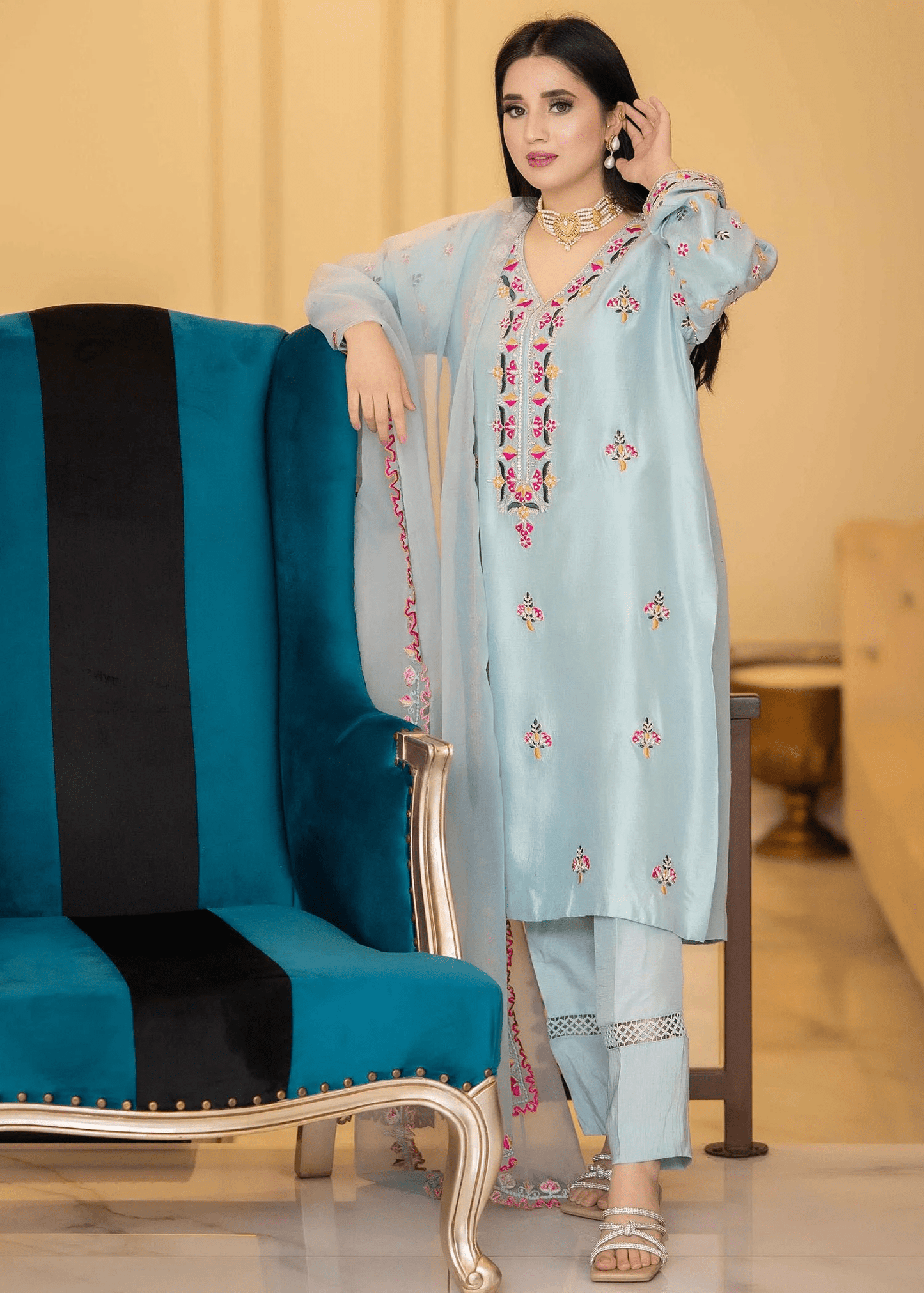 Baby blue raw silk outfit 3pcs